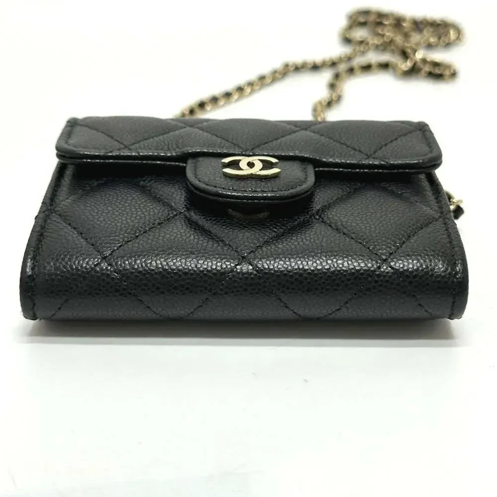 CHANEL Black Caviar Leather Logo Pochette Wallet